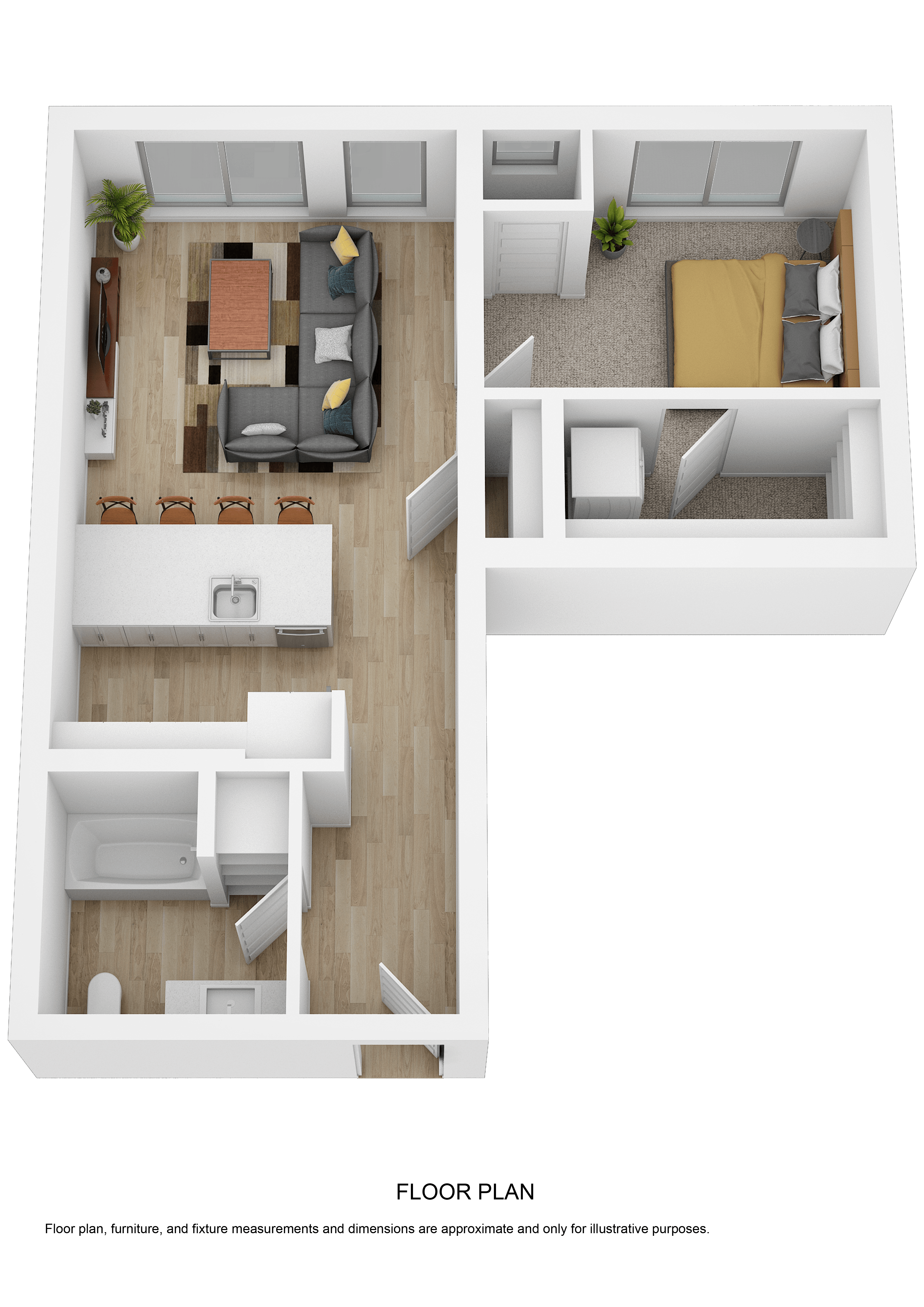 Floor plan for 1 bed, 1 bath, 713 sqft